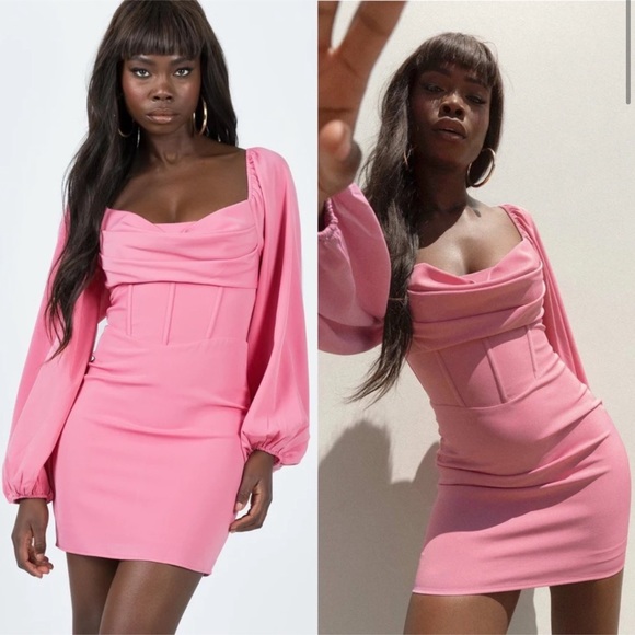 Princess Polly Dresses & Skirts - Princess Polly Lillie Mauve Pink Long Sleeve Corset Waist Cowl Neck Mini Dress